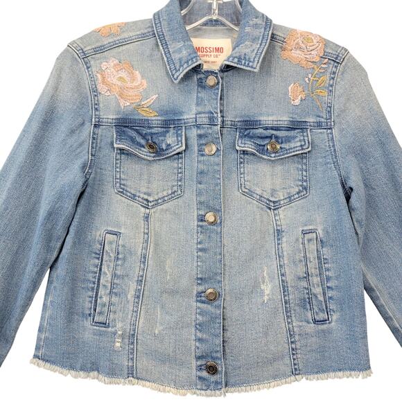 Mossimo Blue Jean Jacket Trucker Stretch Distressed Y2k Grunge Raw Hem Womens XS - Picture 1 of 10